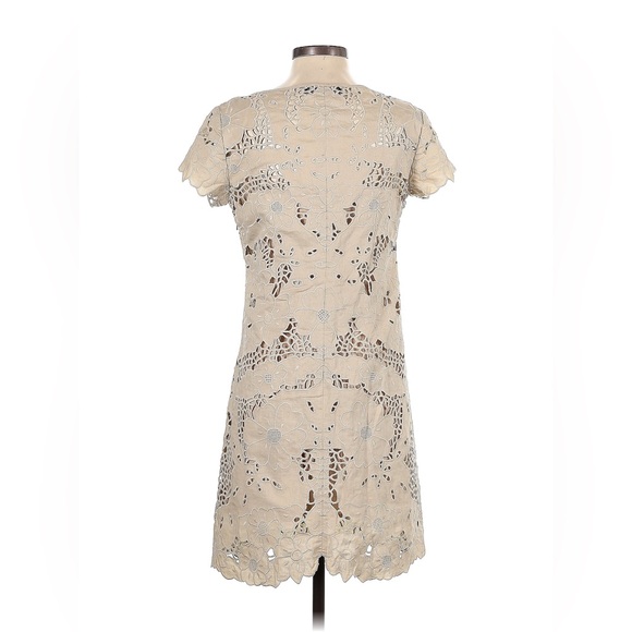 LAUNDRY Linen Embroidered Eyelet Short Sleeve Cutout Lace Mini Dress Beige 4 - Picture 2 of 9